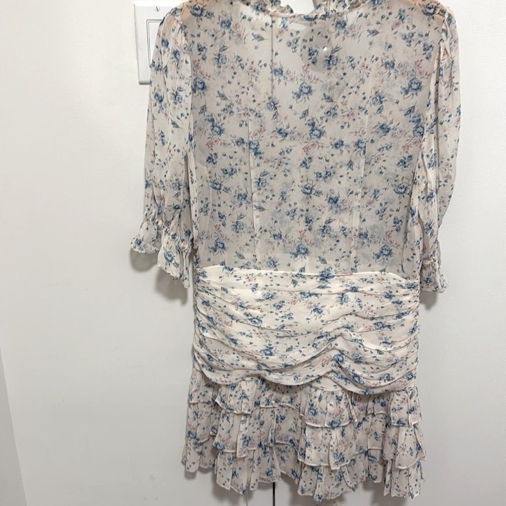 LoveShackFancy Woman’s Ivory Silk Hannah Dress Blue/Pink Floral Print. Size 8. - Picture 8 of 14